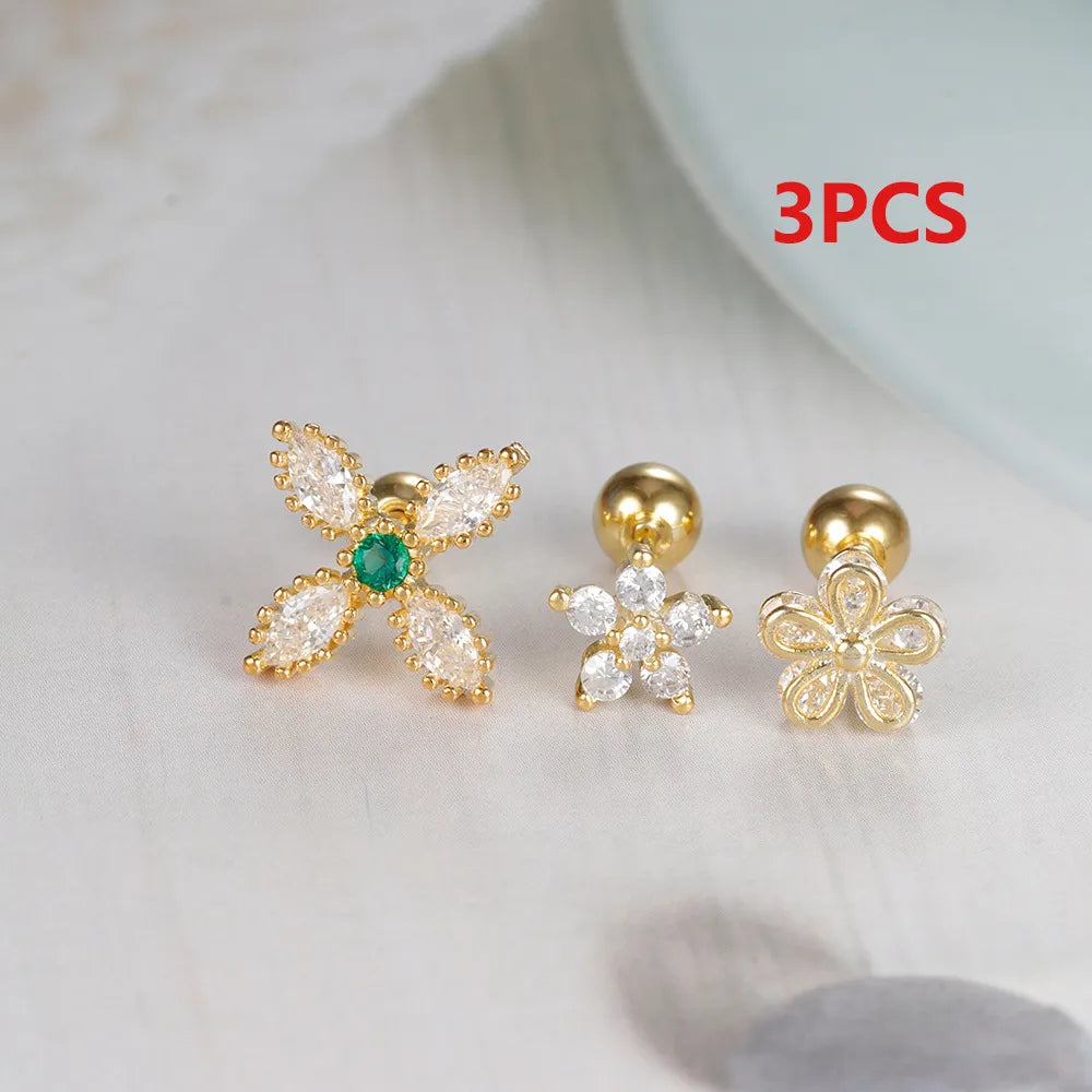 3 Pieces Simple Style Flower Irregular Plating 304 Stainless Steel Zircon Ear Studs