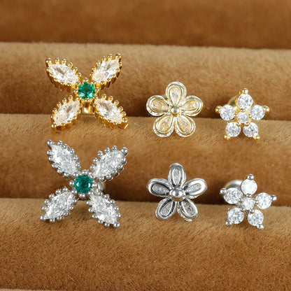 3 Pieces Simple Style Flower Irregular Plating 304 Stainless Steel Zircon Ear Studs