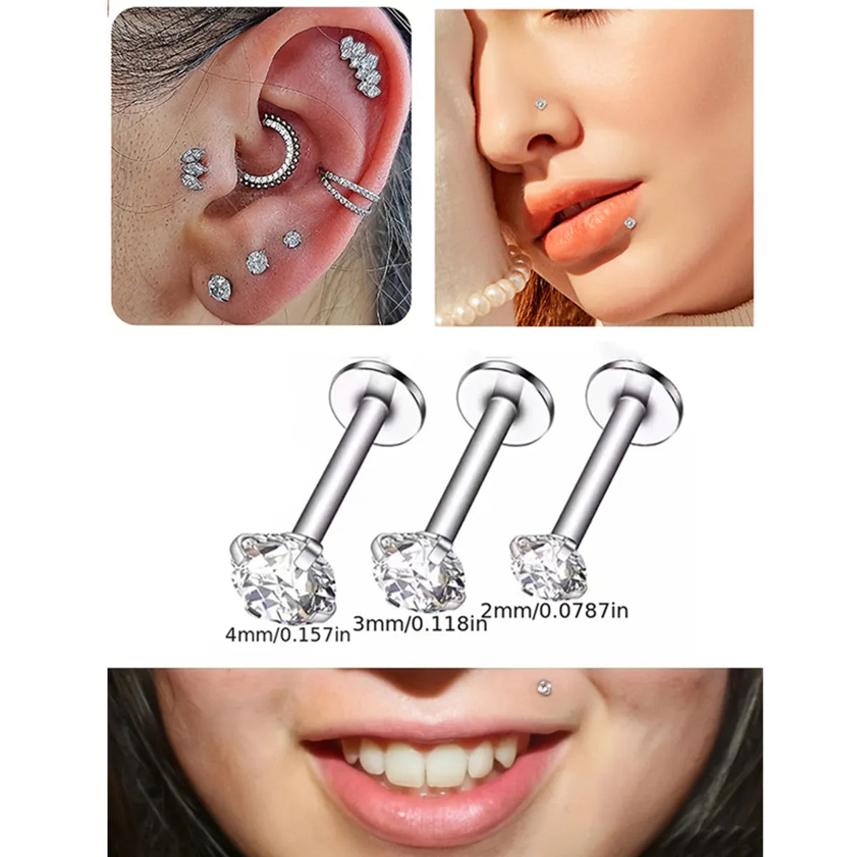 3 Pieces Simple Style Round Plating Inlay Stainless Steel Zircon Ear Studs