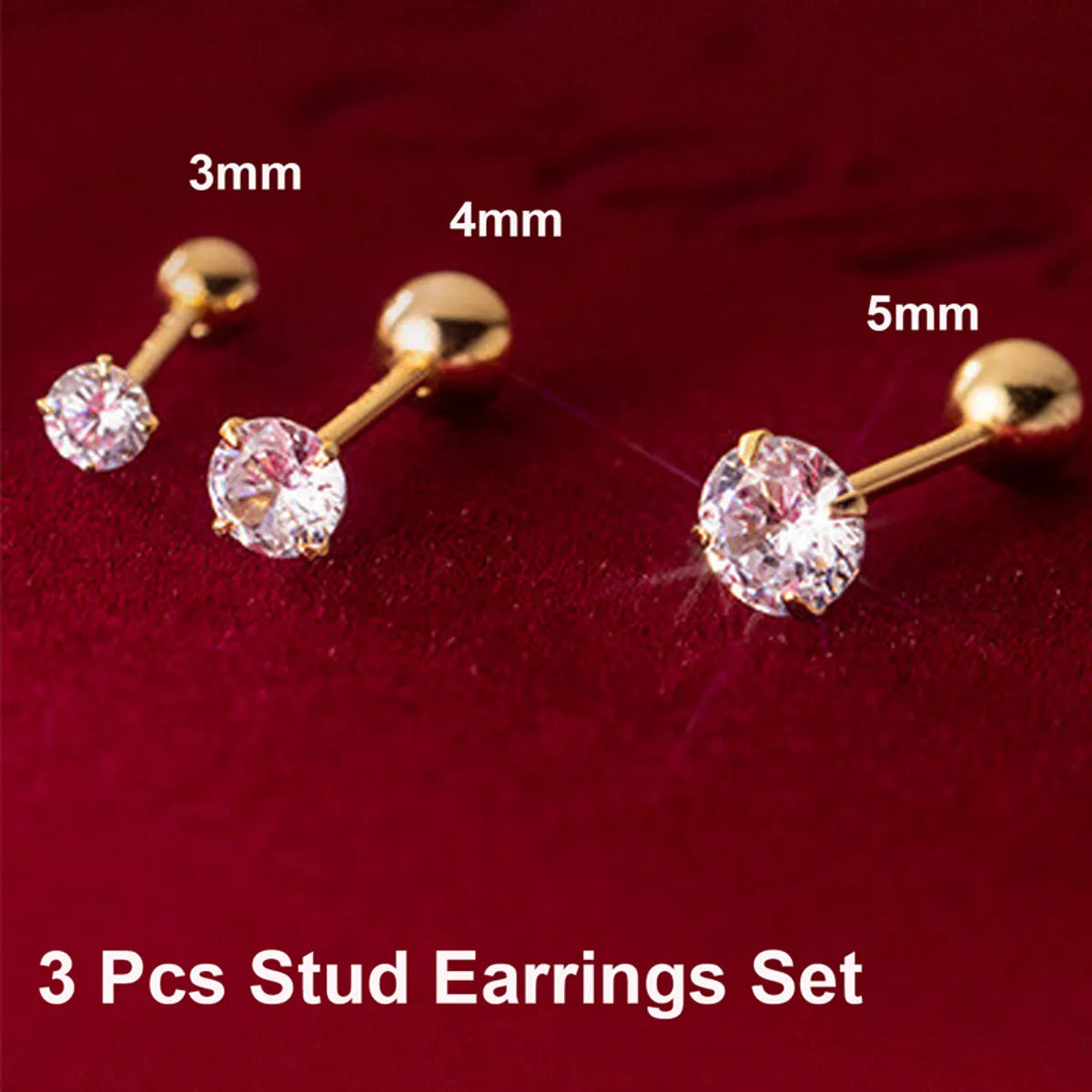 3 Pieces Simple Style Shiny Solid Color Plating Inlay Stainless Steel Zircon 14k Gold Plated Ear Studs