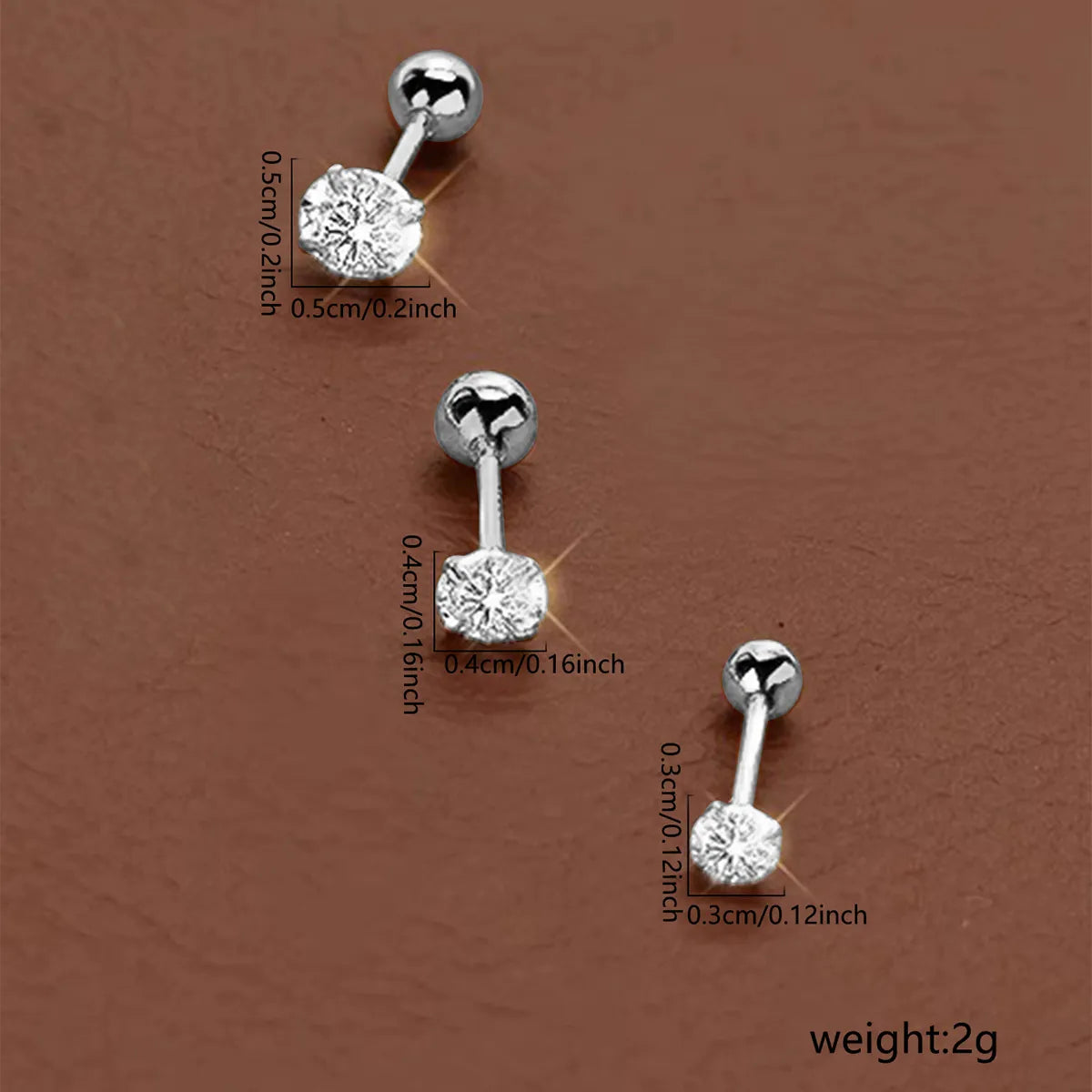 3 Pieces Streetwear Solid Color Inlay Stainless Steel Zircon Cartilage Earrings