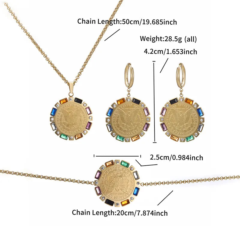 304 Stainless Steel 14K Gold Plated Classical Lady Plating Inlay Round Artificial Gemstones Bracelets Earrings Necklace