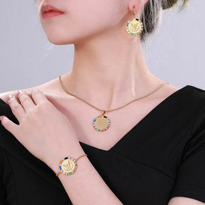 304 Stainless Steel 14K Gold Plated Classical Lady Plating Inlay Round Artificial Gemstones Bracelets Earrings Necklace