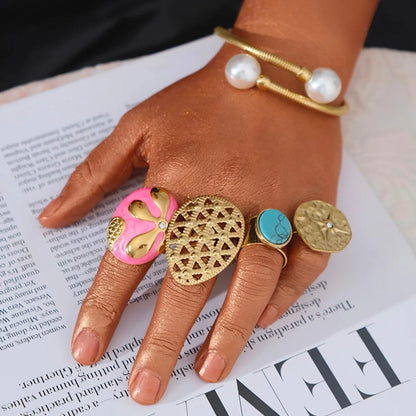 304 Stainless Steel 14K Gold Plated Exaggerated Modern Style Enamel Inlay Flower Turquoise Zircon Open Rings