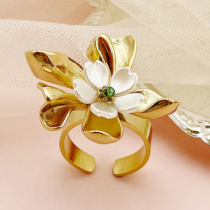 304 Stainless Steel 14K Gold Plated Hip-Hop Exaggerated Punk Plating Inlay Flower Natural Stone Rings