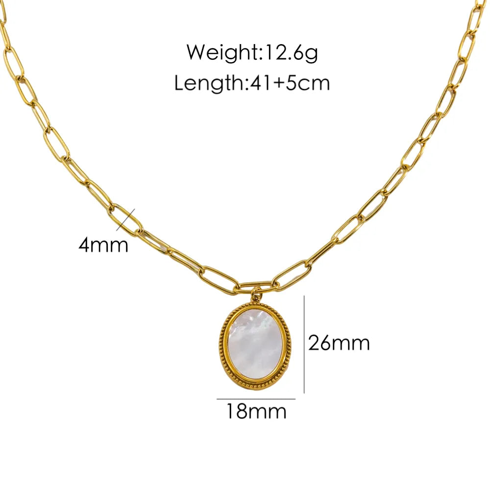 304 Stainless Steel 14K Gold Plated Hip-Hop Simple Style Inlay Leaves Heart Shape Rectangle Natural Stone Shell Zircon Pendant Necklace