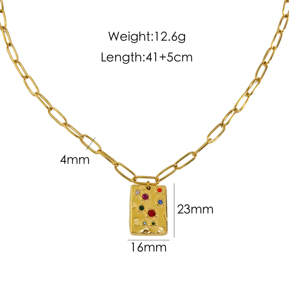 304 Stainless Steel 14K Gold Plated Hip-Hop Simple Style Inlay Leaves Heart Shape Rectangle Natural Stone Shell Zircon Pendant Necklace