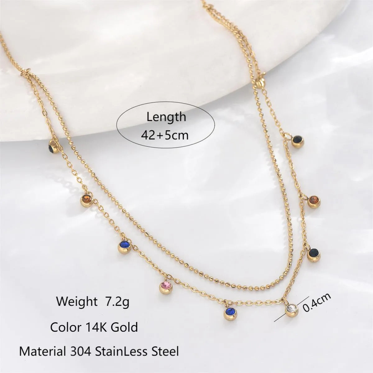 304 Stainless Steel 14K Gold Plated Simple Style Classic Style Plating Inlay Solid Color Zircon Layered Necklaces