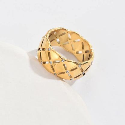 304 Stainless Steel 14K Gold Plated Simple Style Classic Style Polishing Plating Hollow Out Square Rhinestones Rings