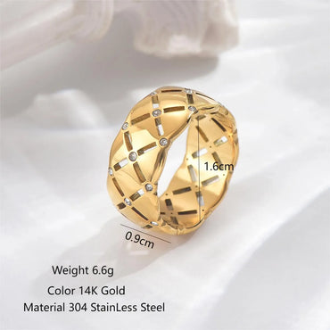 304 Stainless Steel 14K Gold Plated Simple Style Classic Style Polishing Plating Hollow Out Square Rhinestones Rings