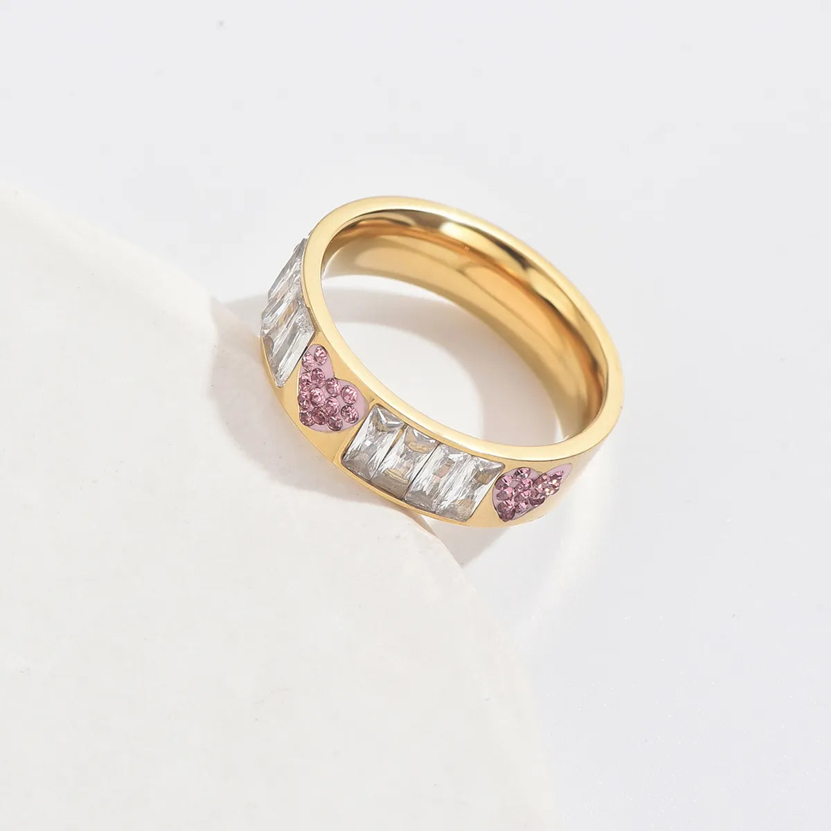 304 Stainless Steel 14K Gold Plated Vacation Sweet Plating Inlay Heart Shape Rectangle Rhinestones Zircon Rings