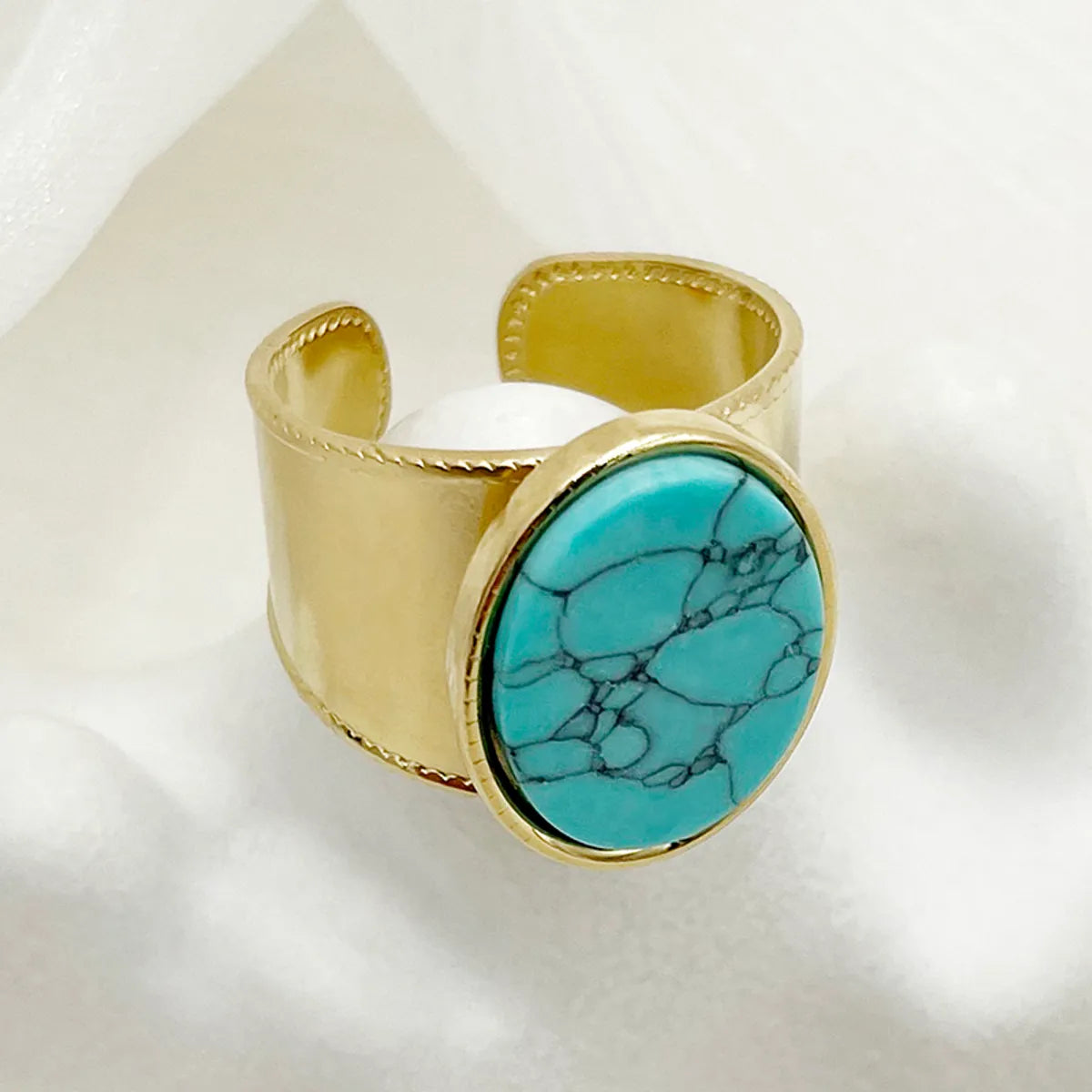 304 Stainless Steel 14K Gold Plated Vintage Style Roman Style Commute Plating Hollow Out Inlay Geometric Flower Turquoise Rings