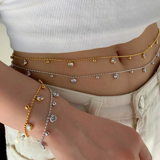 304 Stainless Steel 16K Gold Plated White Gold Plated Gold Plated Lady Vacation Streetwear Inlay Geometric Zircon Bracelets Waist Chain Necklace