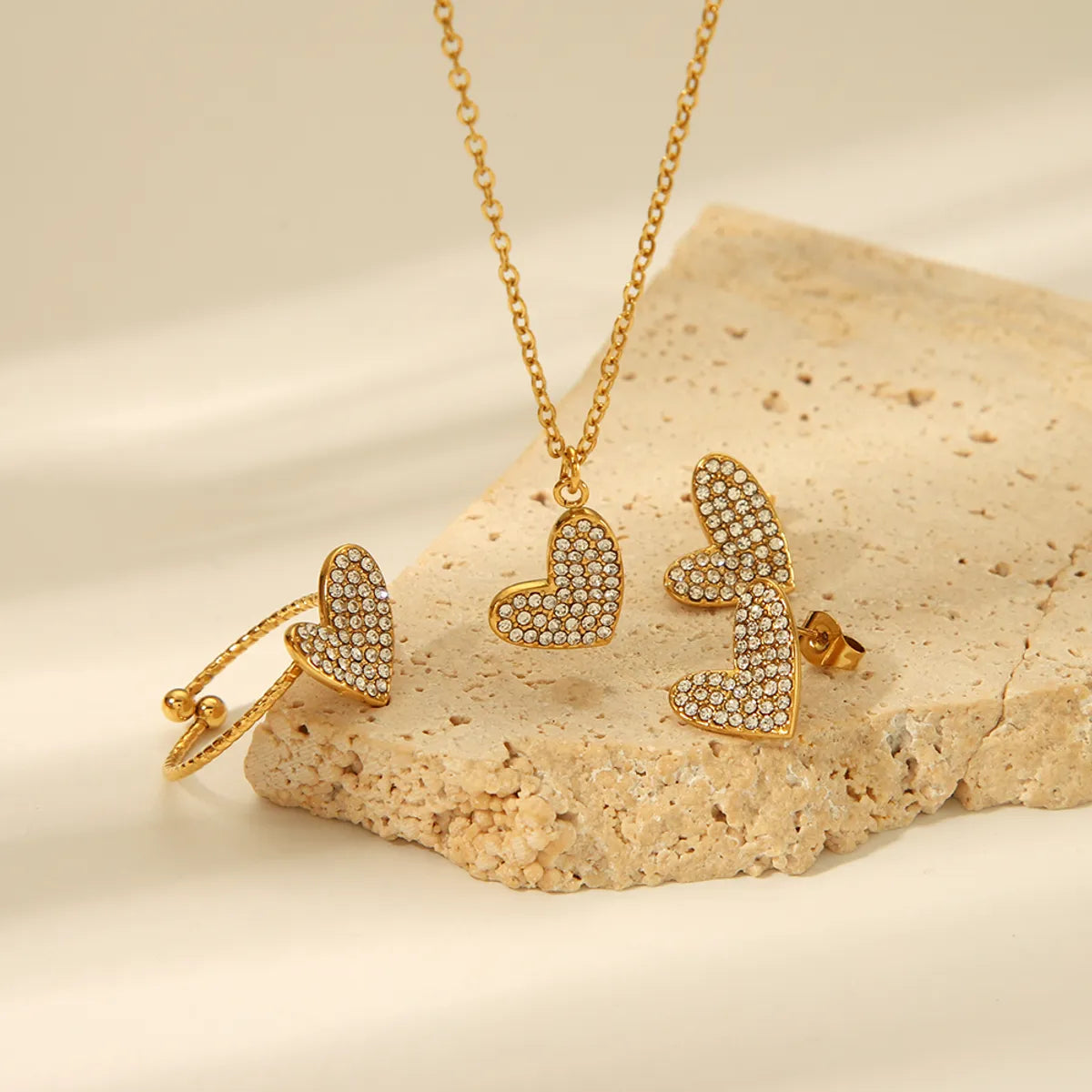 304 Stainless Steel 18K Gold Plated Basic Modern Style Classic Style Inlay Heart Shape Rhinestones Rings Earrings Necklace