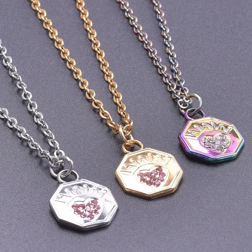 304 Stainless Steel 18K Gold Plated Basic Modern Style Classic Style Plating Inlay Geometric Heart Shape Rhinestones Pendant Necklace