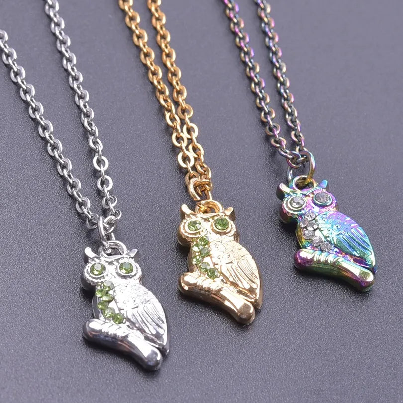 304 Stainless Steel 18K Gold Plated Basic Modern Style Classic Style Plating Inlay Geometric Owl Rhinestones Pendant Necklace