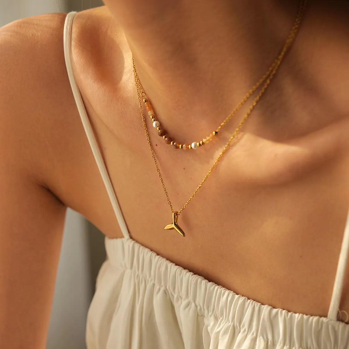 304 Stainless Steel 18K Gold Plated Beach Simple Style Beaded Plating Starfish Shell Fish Tail Pendant Necklace