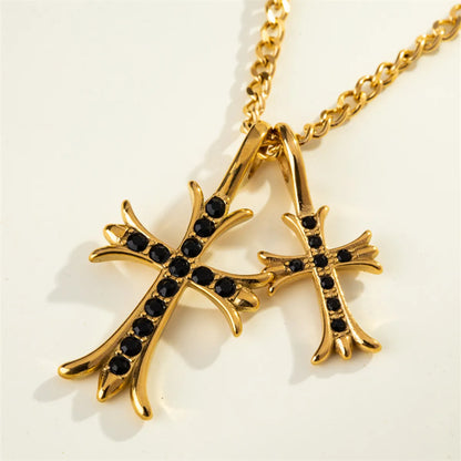 304 Stainless Steel 18K Gold Plated Casual Commute Plating Inlay Cross Rhinestones Pendant Necklace