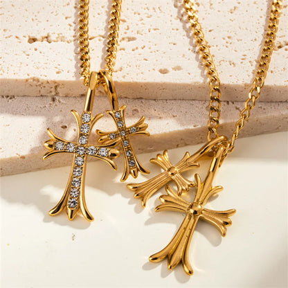 304 Stainless Steel 18K Gold Plated Casual Commute Plating Inlay Cross Rhinestones Pendant Necklace