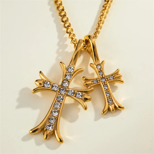 304 Stainless Steel 18K Gold Plated Casual Commute Plating Inlay Cross Rhinestones Pendant Necklace