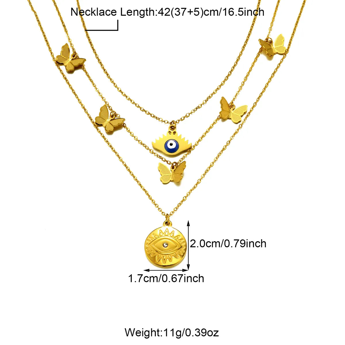 304 Stainless Steel 18K Gold Plated Casual Inlay Moon Leaves Butterfly Zircon Three Layer Necklace Pendant Necklace