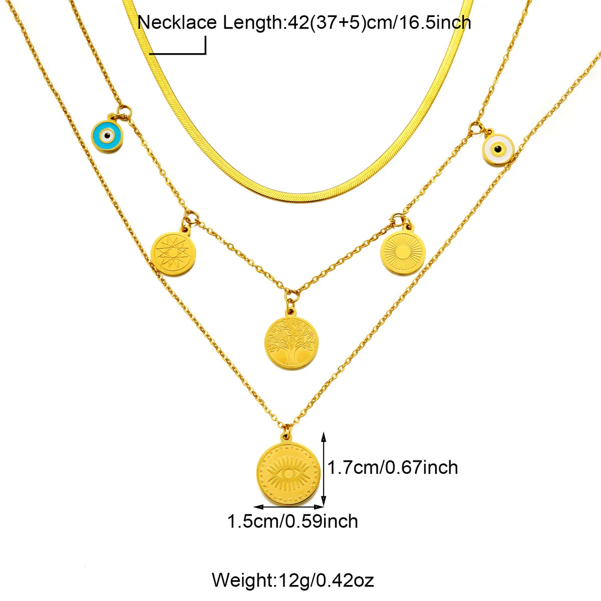 304 Stainless Steel 18K Gold Plated Casual Inlay Moon Leaves Butterfly Zircon Three Layer Necklace Pendant Necklace