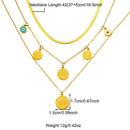 304 Stainless Steel 18K Gold Plated Casual Inlay Moon Leaves Butterfly Zircon Three Layer Necklace Pendant Necklace