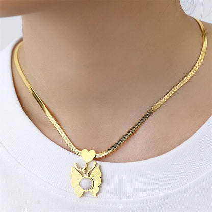 304 Stainless Steel 18K Gold Plated Casual Inlay Moon Leaves Butterfly Zircon Three Layer Necklace Pendant Necklace