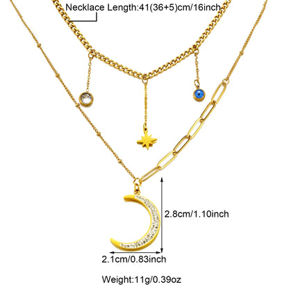 304 Stainless Steel 18K Gold Plated Casual Inlay Moon Leaves Butterfly Zircon Three Layer Necklace Pendant Necklace