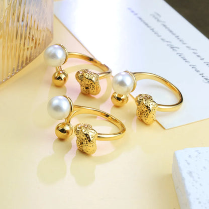 304 Stainless Steel 18K Gold Plated Casual Simple Style Asymmetrical Inlay Round Artificial Pearls Open Rings