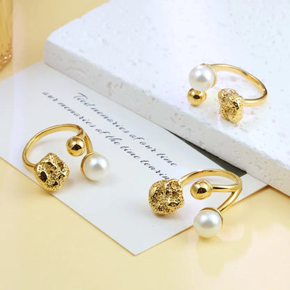 304 Stainless Steel 18K Gold Plated Casual Simple Style Asymmetrical Inlay Round Artificial Pearls Open Rings