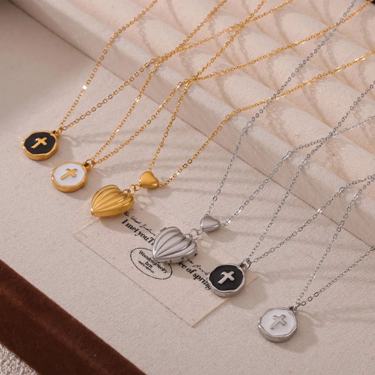 304 Stainless Steel 18K Gold Plated Casual Simple Style Commute Enamel Plating Cross Round Heart Shape Pendant Necklace