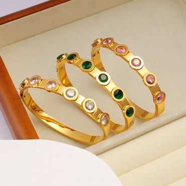 304 Stainless Steel 18K Gold Plated Casual Vintage Style Plating Inlay Solid Color Rhinestones Bangle