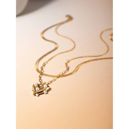 304 Stainless Steel 18K Gold Plated Classic Style Plating Inlay Heart Shape Pearl Layered Necklaces