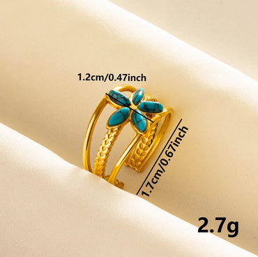 304 Stainless Steel 18K Gold Plated Classical Vintage Style Classic Style Inlay Geometric Flower Artificial Gemstones Imitating Stone Open Rings