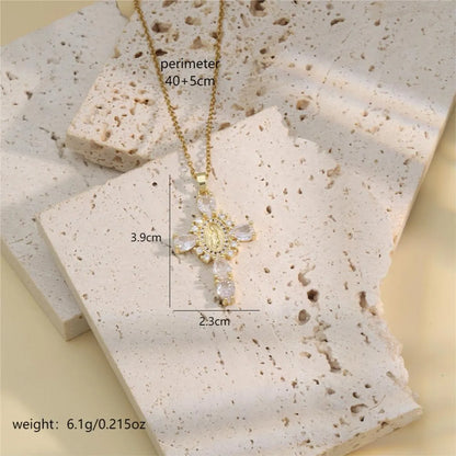 304 Stainless Steel 18K Gold Plated Cute Romantic Shiny Plating Inlay Human Cross Zircon Pendant Necklace