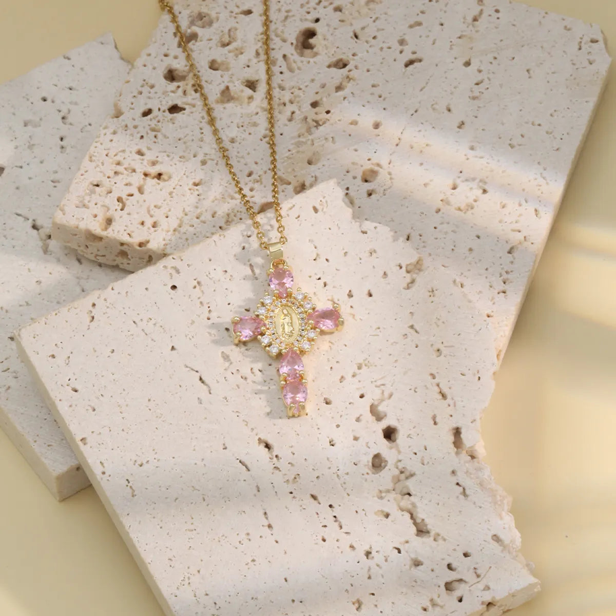 304 Stainless Steel 18K Gold Plated Cute Romantic Shiny Plating Inlay Human Cross Zircon Pendant Necklace