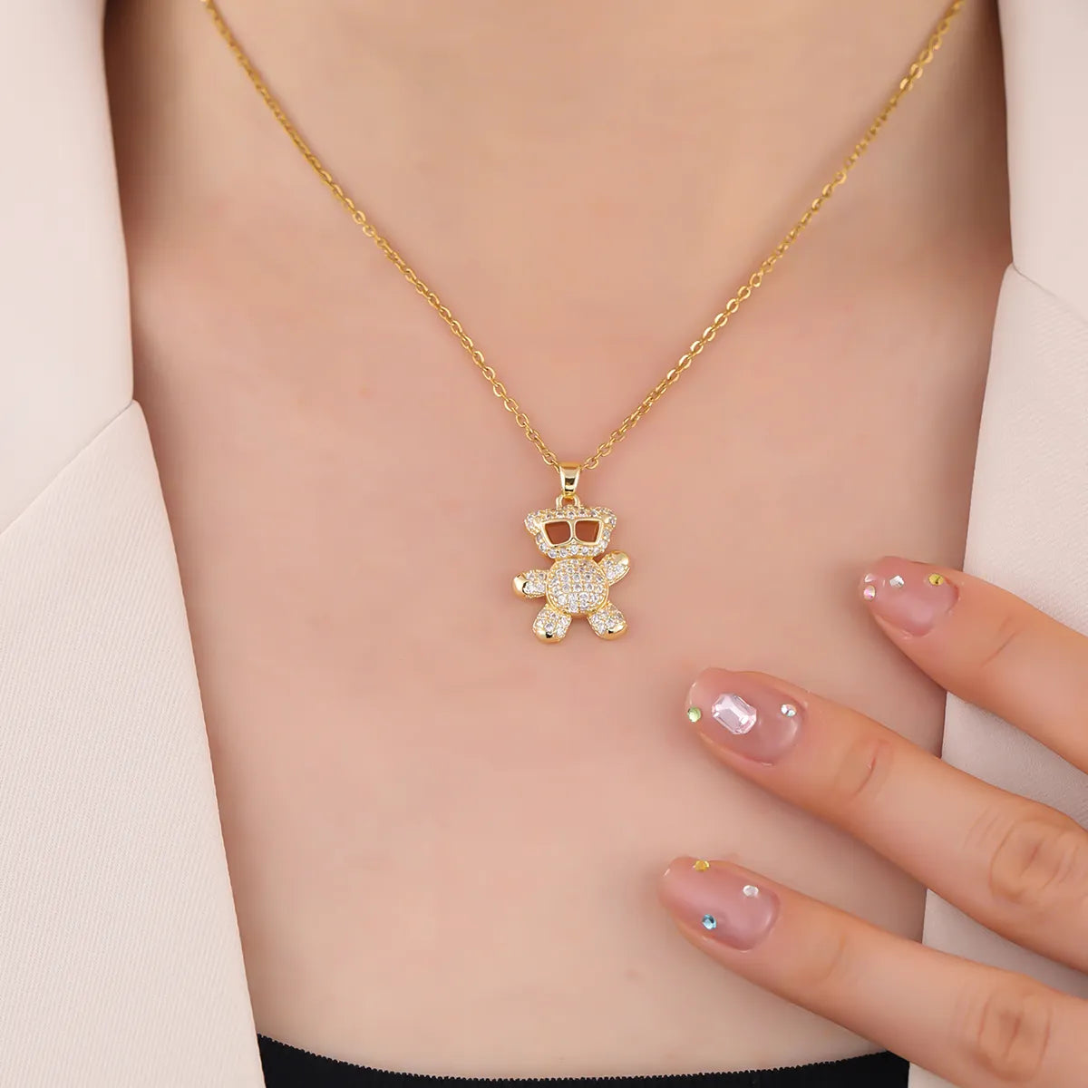 304 Stainless Steel 18K Gold Plated Cute Shiny Plating Inlay Little Bear Zircon Pendant Necklace