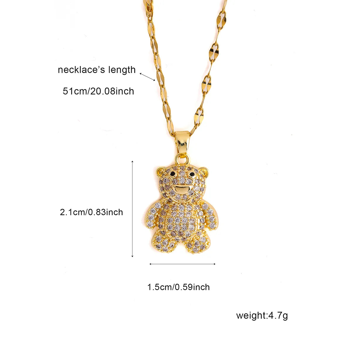 304 Stainless Steel 18K Gold Plated Cute Shiny Plating Inlay Little Bear Zircon Pendant Necklace