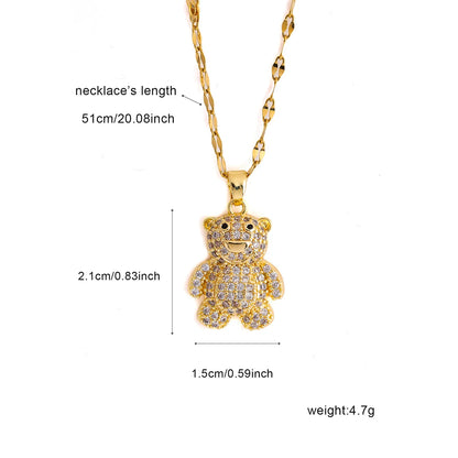 304 Stainless Steel 18K Gold Plated Cute Shiny Plating Inlay Little Bear Zircon Pendant Necklace