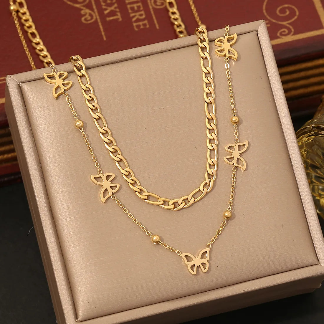 304 Stainless Steel 18K Gold Plated Elegant Commute Heart Shape Life Tree Butterfly Double Layer Necklaces