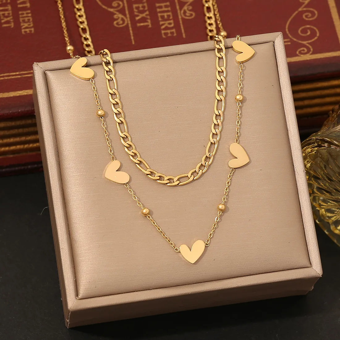 304 Stainless Steel 18K Gold Plated Elegant Commute Heart Shape Life Tree Butterfly Double Layer Necklaces