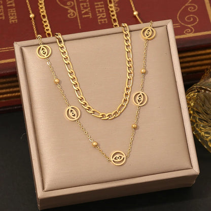 304 Stainless Steel 18K Gold Plated Elegant Commute Heart Shape Life Tree Butterfly Double Layer Necklaces