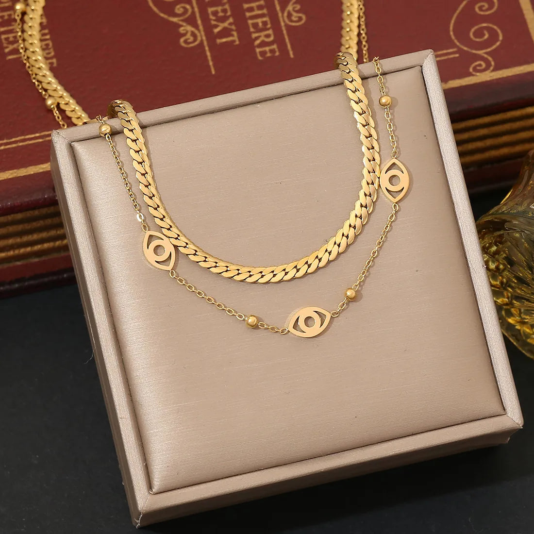 304 Stainless Steel 18K Gold Plated Elegant Commute Heart Shape Life Tree Butterfly Double Layer Necklaces