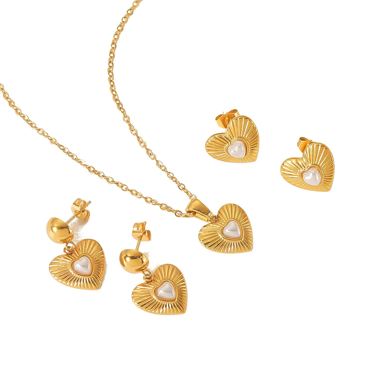 304 Stainless Steel 18K Gold Plated Elegant Cute Heart Shape Polishing Plating Inlay Pearl Jewelry Set