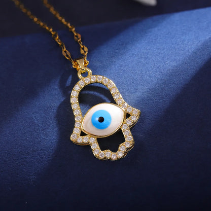 304 Stainless Steel 18K Gold Plated Elegant Inlay Eye Zircon Pendant Necklace