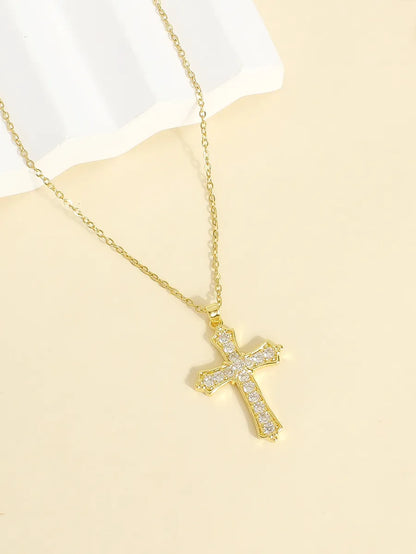 304 Stainless Steel 18K Gold Plated Elegant Lady Classic Style Plating Inlay Cross Zircon Pendant Necklace