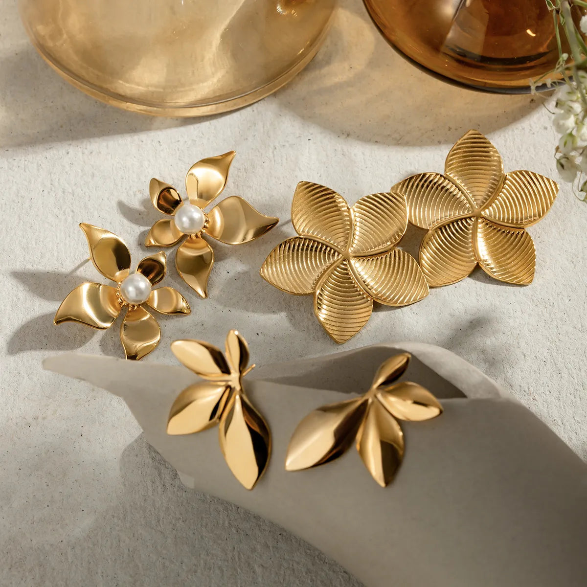 304 Stainless Steel 18K Gold Plated Elegant Lady Streetwear Inlay Flower Imitation Pearl Rings Earrings