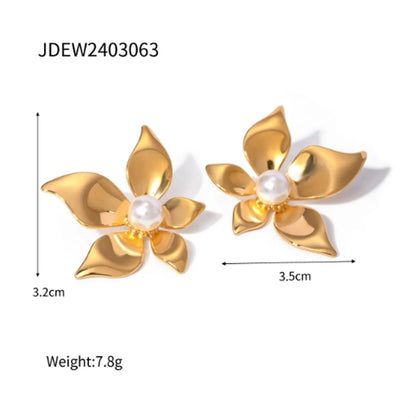 304 Stainless Steel 18K Gold Plated Elegant Lady Streetwear Inlay Flower Imitation Pearl Rings Earrings