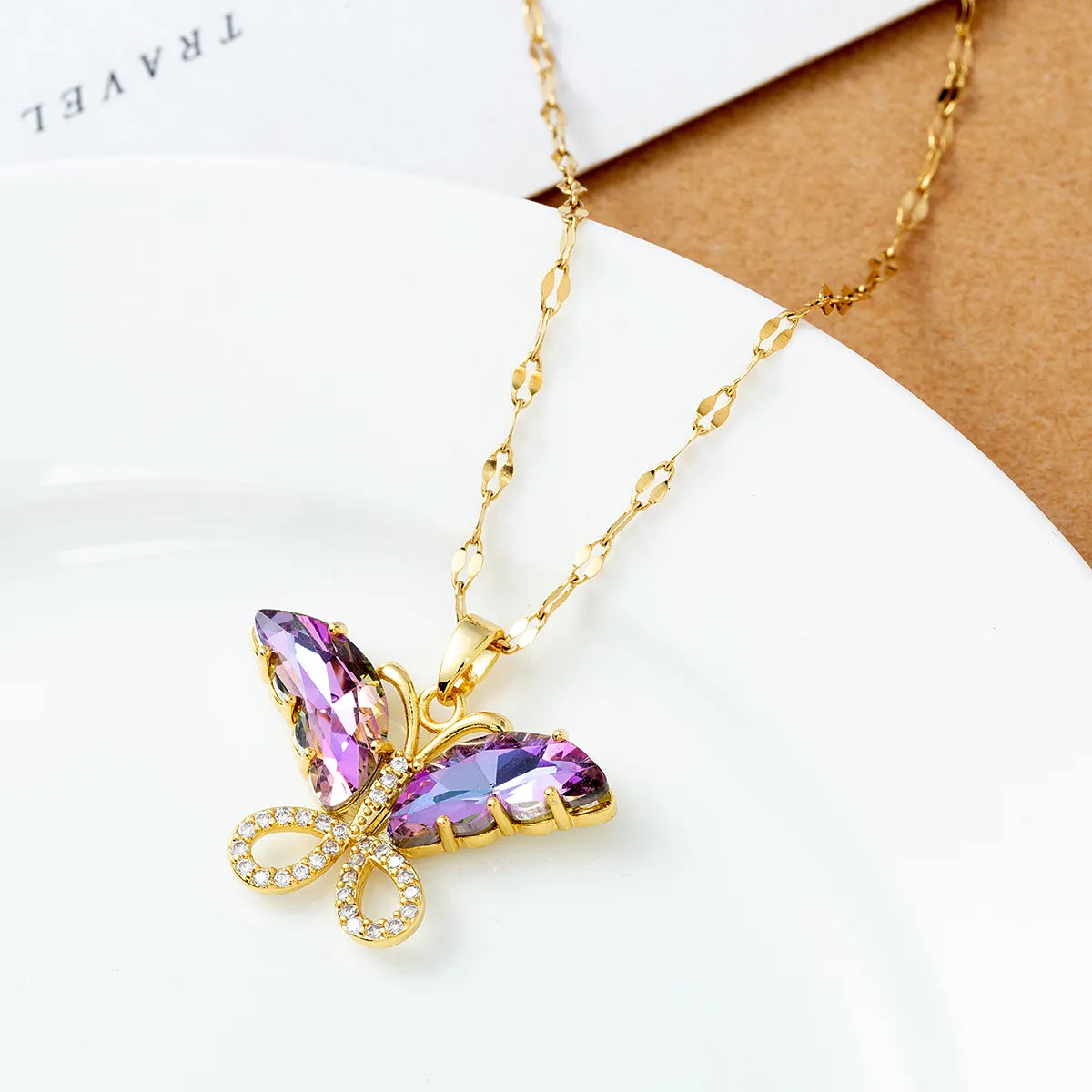 304 Stainless Steel 18K Gold Plated Elegant Lady Streetwear Plating Inlay Butterfly Zircon Double Layer Necklaces Pendant Necklace